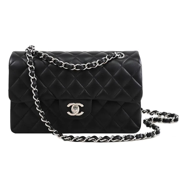 CHANEL A01113 COCO 經典雙C 菱格紋小羊皮肩斜銀鍊包.黑 23CM